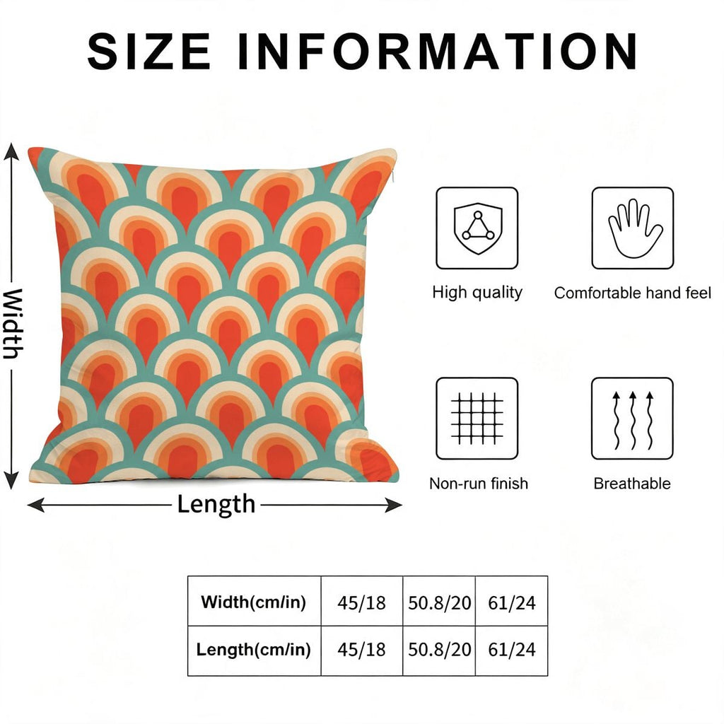 Size information chart for a retro scalloped pattern decorative throw pillow.