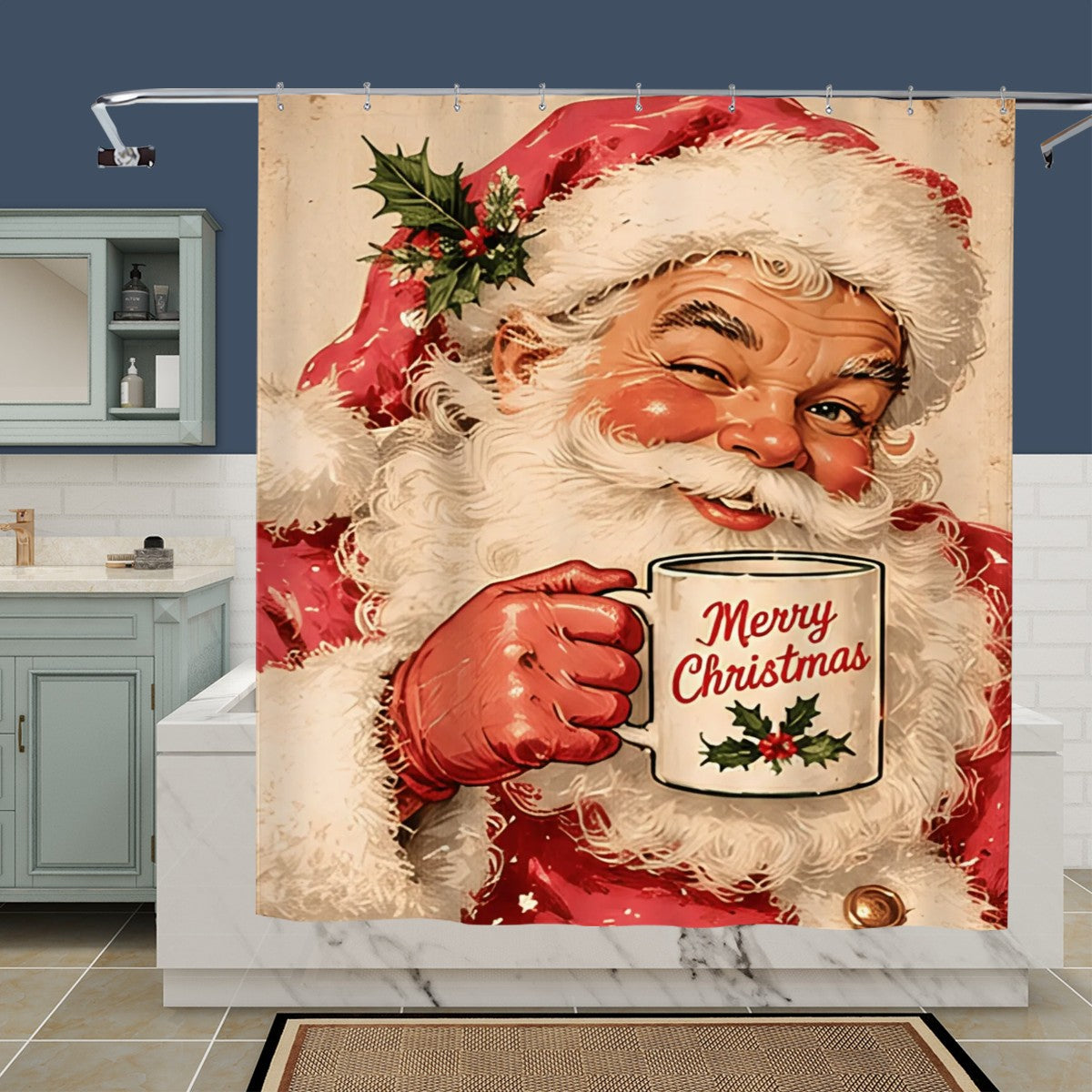 Vintage Santa Christmas Shower Curtain | Merry Christmas Mug Design