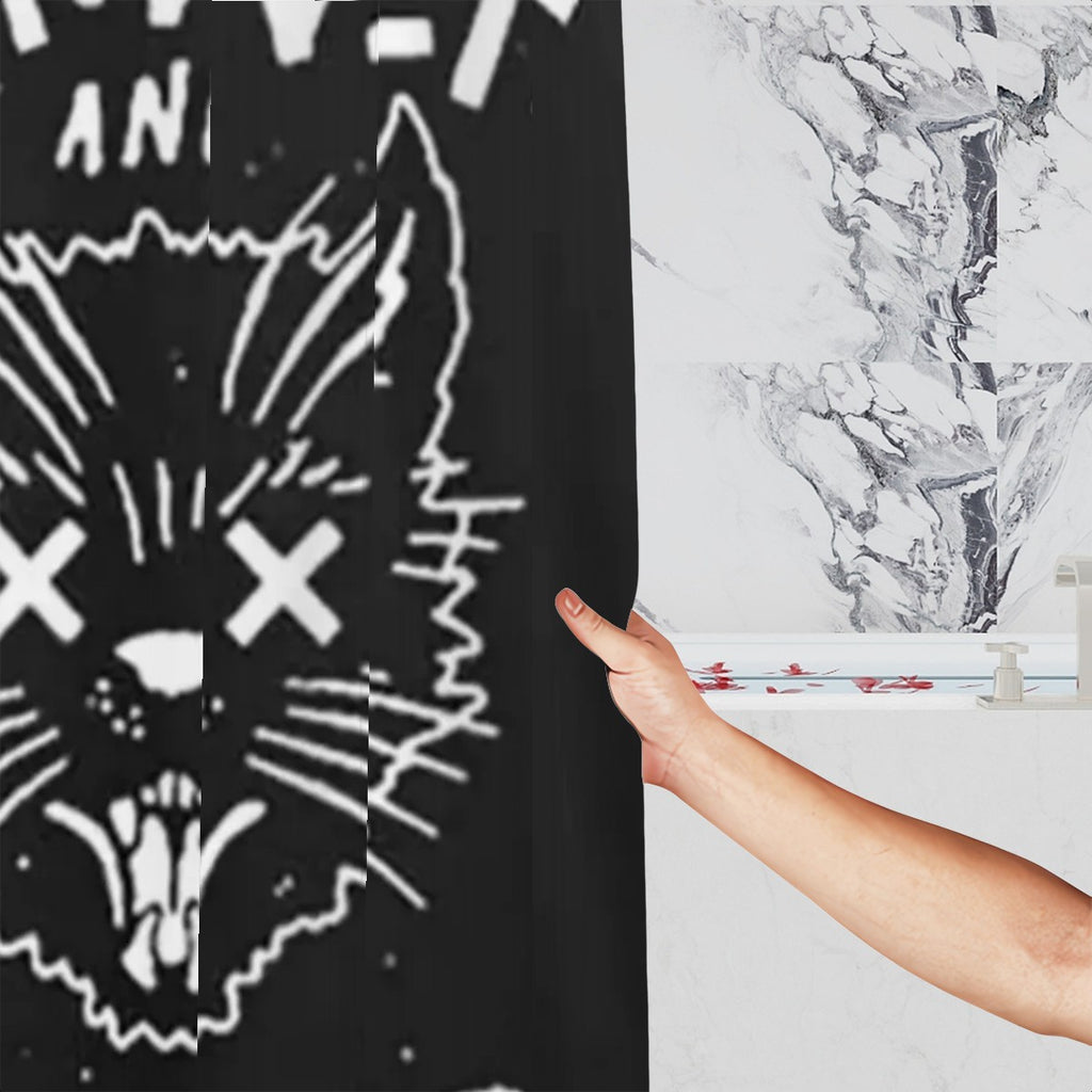 Sandy Beach Rock Band Shower Curtain with bold musical band artwork for stylish bathroom decor.