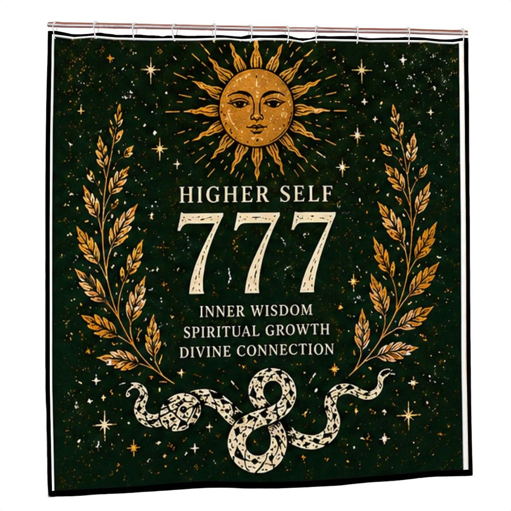 Sandy Beach 777 Angel Number shower curtain with celestial snake design, boho bathroom decor for spiritual growth and self awakening.