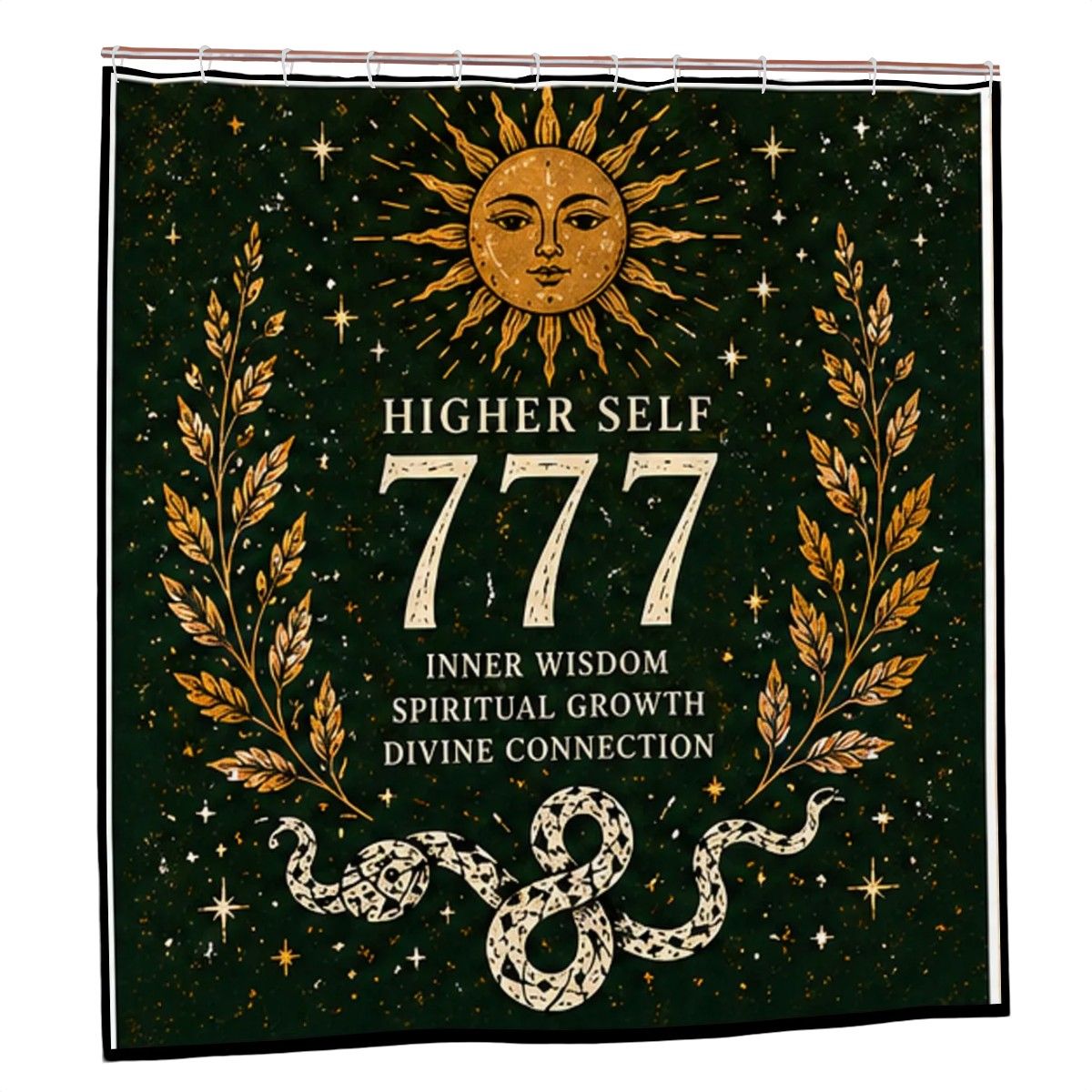 Sandy Beach 777 Angel Number shower curtain with celestial snake design, boho bathroom decor for spiritual growth and self awakening.