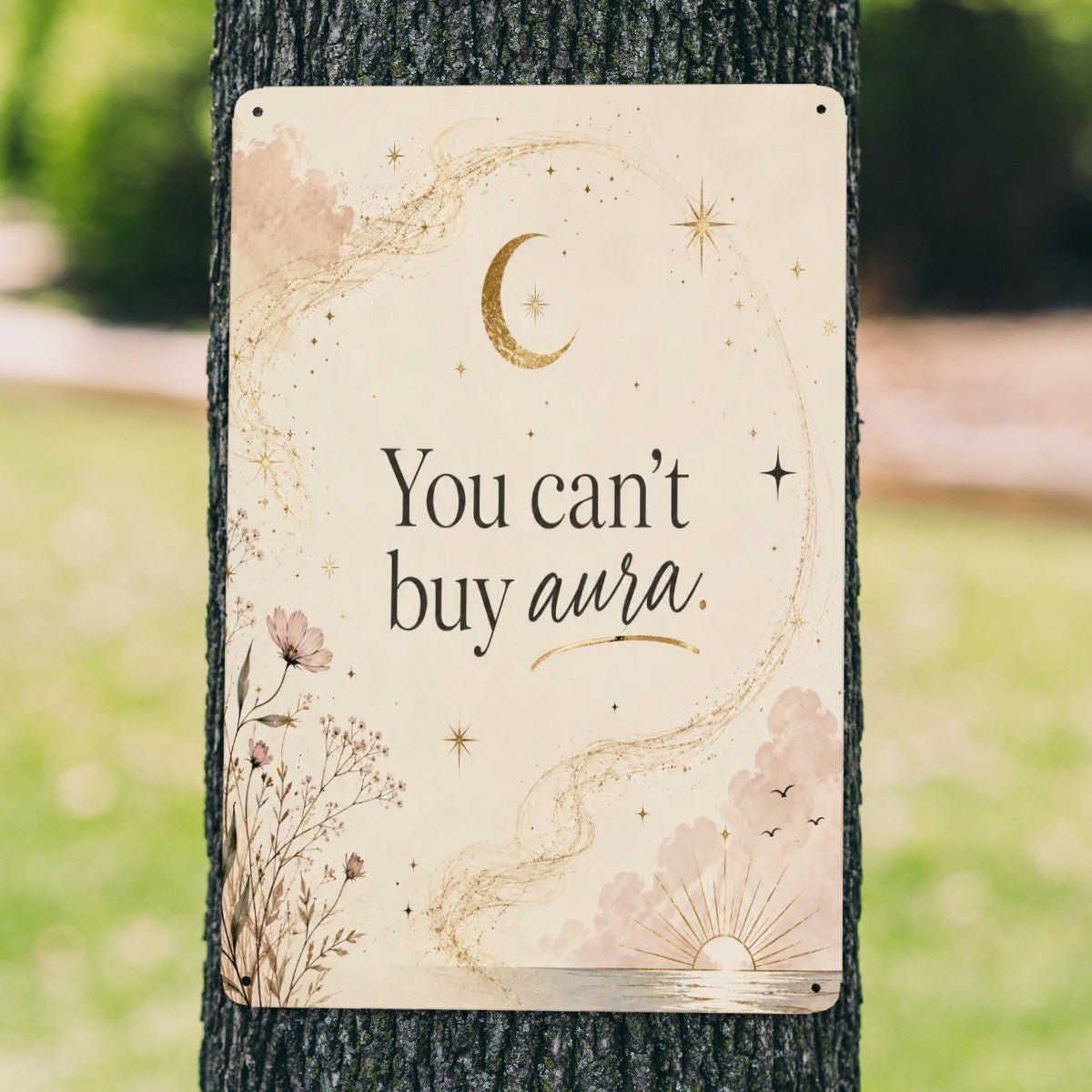 Decorative garden sign on a tree trunk featuring a crescent moon and text 'You can't buy aura'.