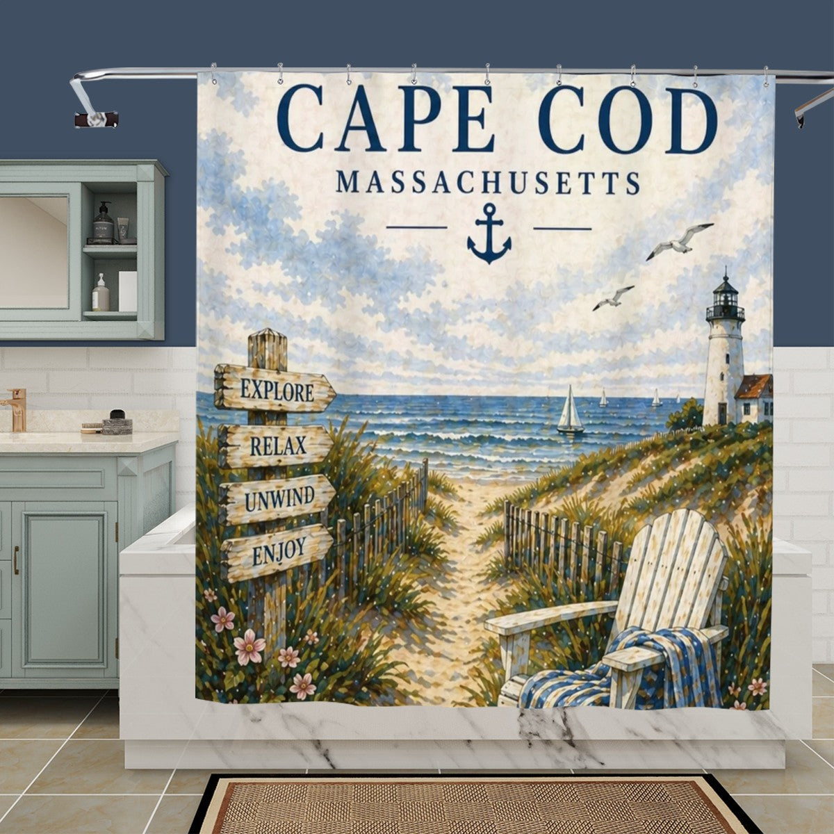 Sandy Beach Cape Cod shower curtain with beach path lighthouse design, coastal bathroom decor for a relaxing beach house style.