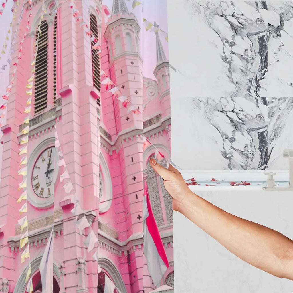 Pink Church Architecture shower curtain featuring detailed church design, ideal for bathroom decor by Sandy Beach.