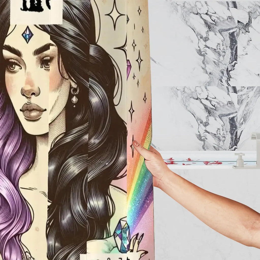 Self-portrait witch shower curtain from Sandy Beach, featuring a mystical witch design for bathroom decor.