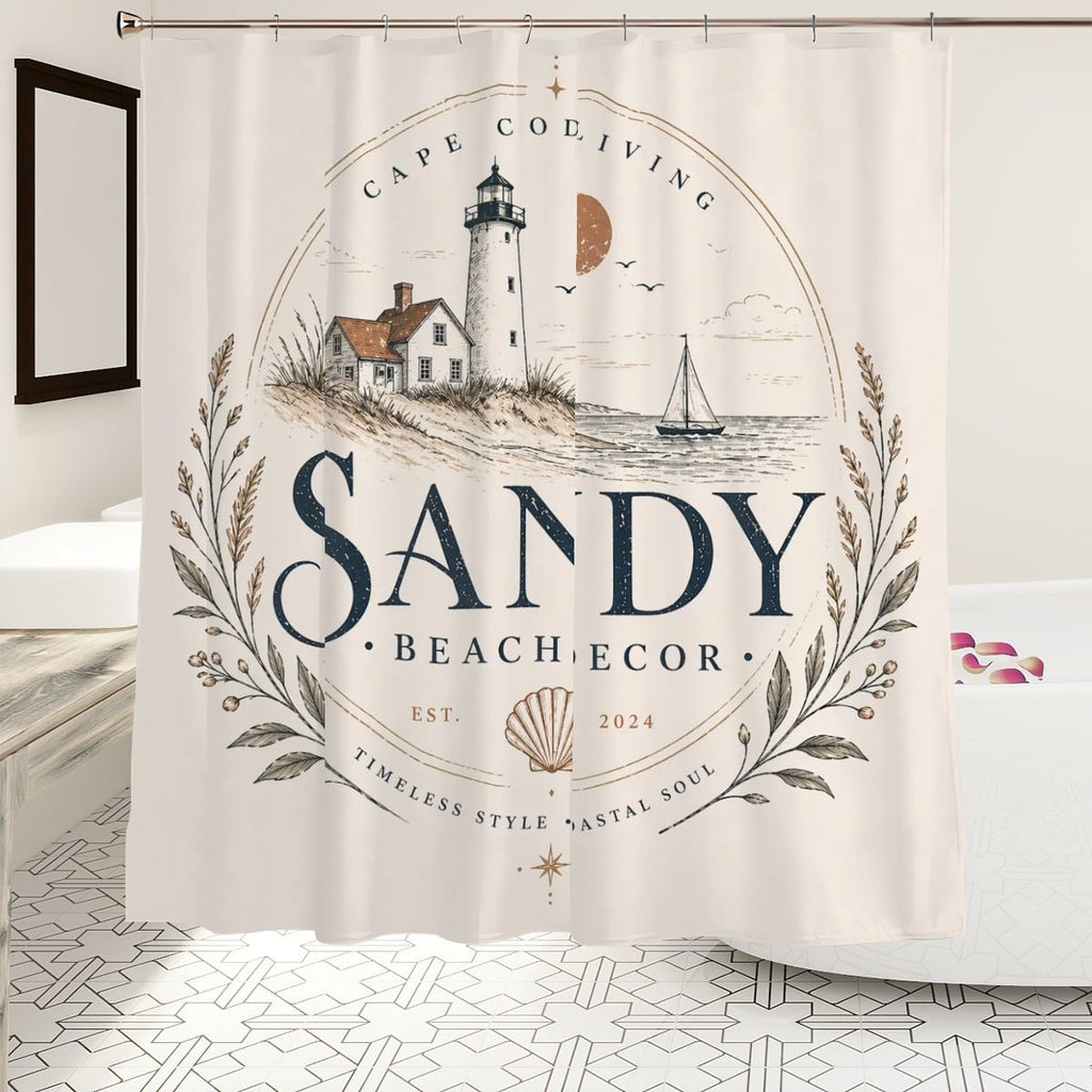 Sandy Beach bathroom decor shower curtain with a coastal beach scene, featuring blue ocean and sandy shoreline visuals.