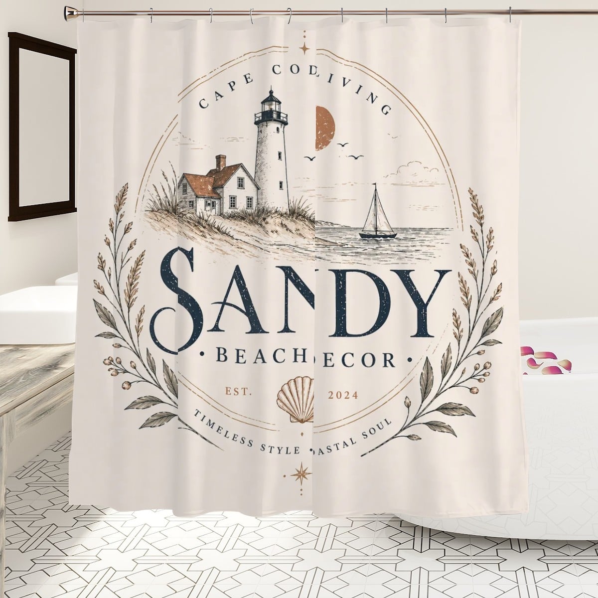 Sandy Beach bathroom decor shower curtain with a coastal beach scene, featuring blue ocean and sandy shoreline visuals.