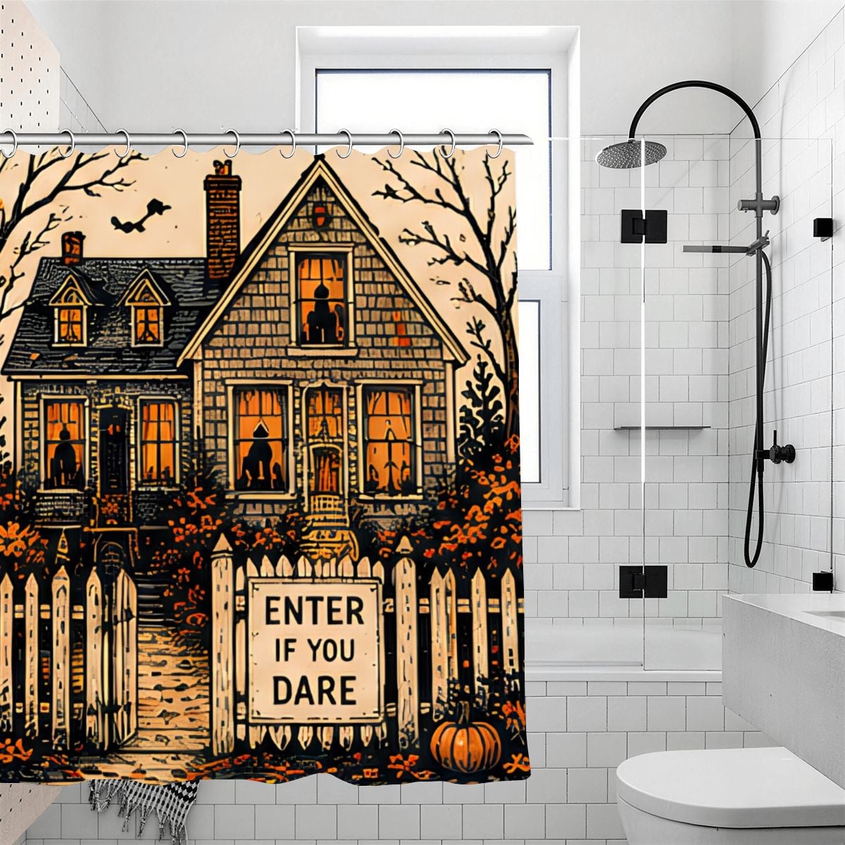 Spooky haunted house shower curtain with Enter If You Dare sign and pumpkin decor.