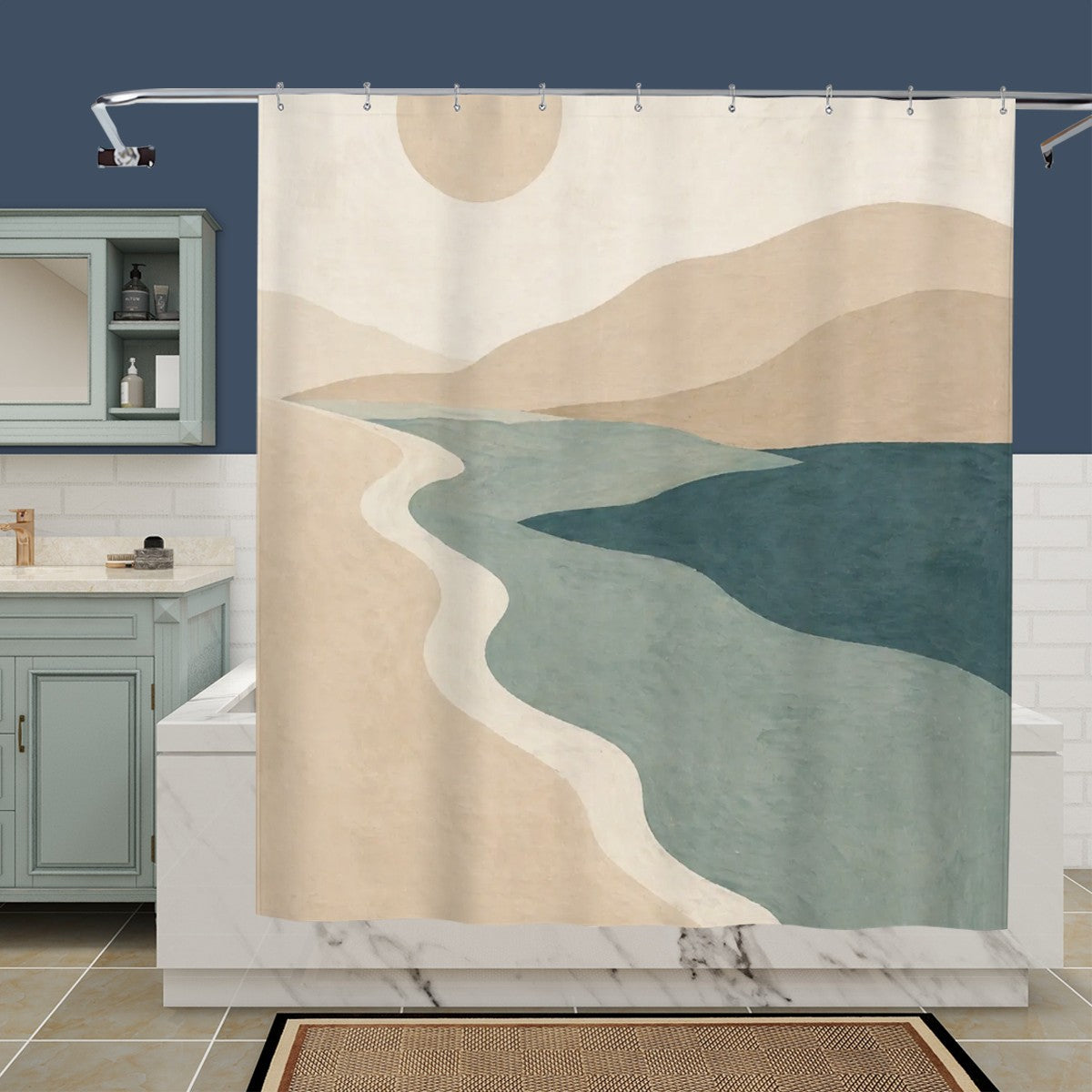 Abstract coastal shower curtain from Sandy Beach featuring modern beach art in neutral ocean tones for boho bathroom decor.