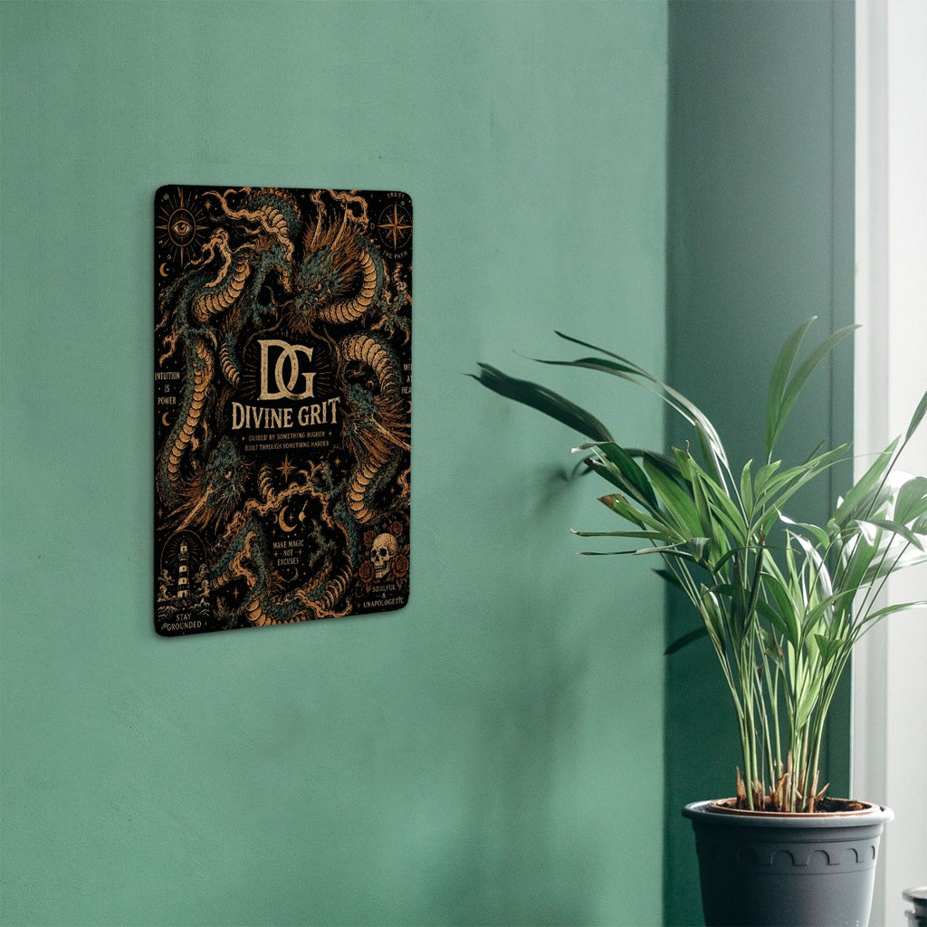 Black decorative wall art featuring gold dragon illustrations and mystical celestial motifs.