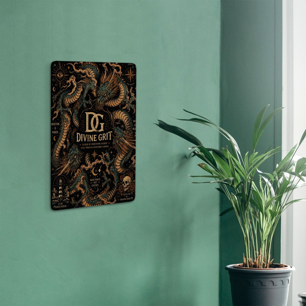 Black decorative wall art featuring gold dragon illustrations and mystical celestial motifs.