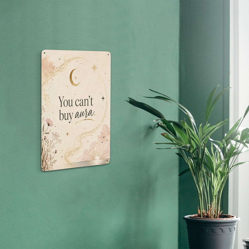 Boho moon and star wall art sign with text "You can't buy aura" hanging on a green wall.