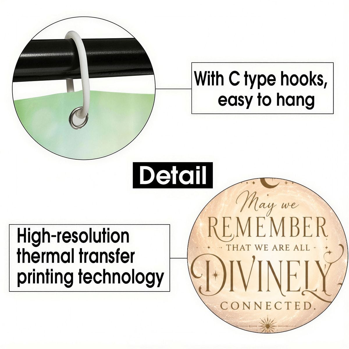 Close-up of C-type hooks for hanging and high-resolution thermal transfer printing detail.