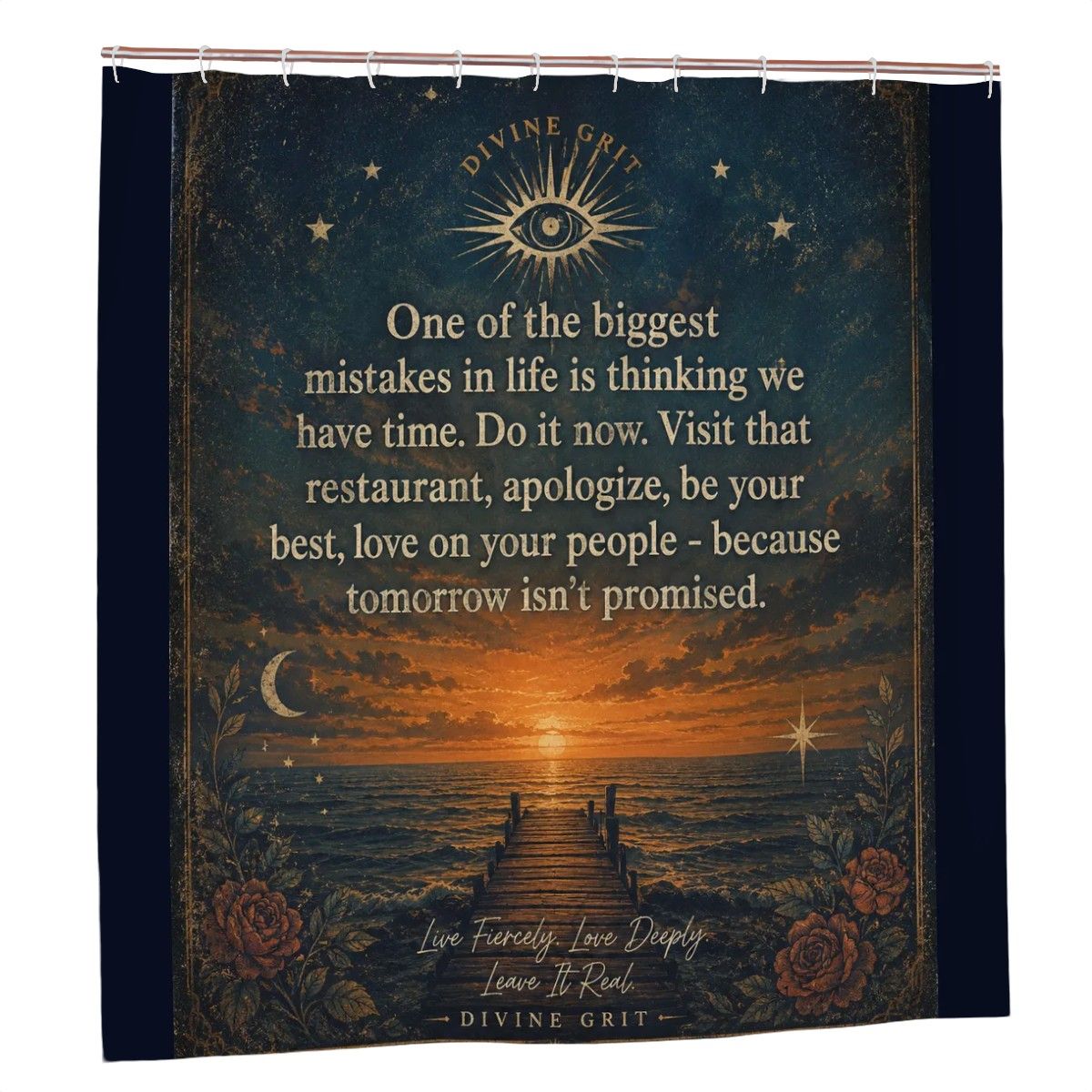Inspirational quote shower curtain with sunset ocean view and celestial eye design.