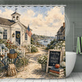 Watercolor style shower curtain featuring a coastal schoolhouse by the ocean with a bicycle.