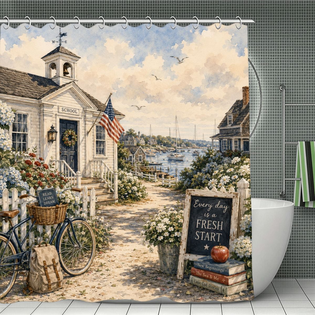 Watercolor style shower curtain featuring a coastal schoolhouse by the ocean with a bicycle.