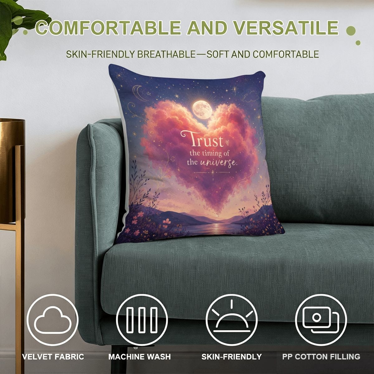 Celestial heart shaped nebula throw pillow with Trust the timing of the universe quote.