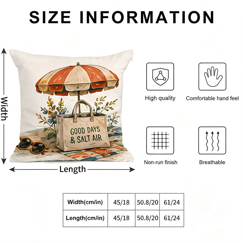 Beach themed decorative throw pillow with beach bag and umbrella design and size chart.