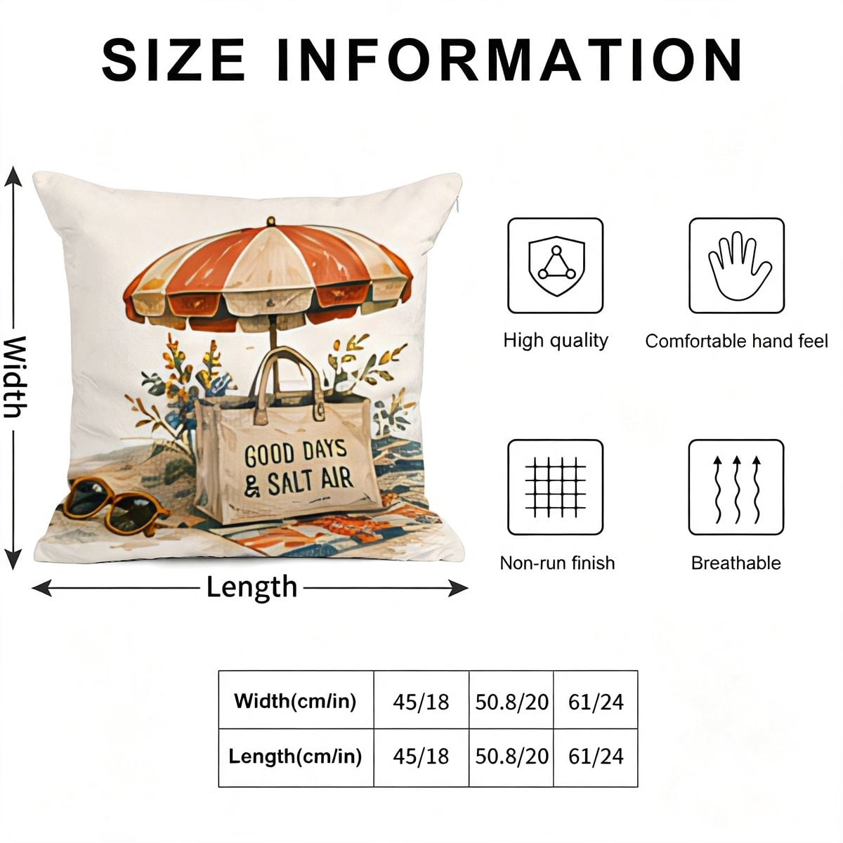 Beach themed decorative throw pillow with beach bag and umbrella design and size chart.