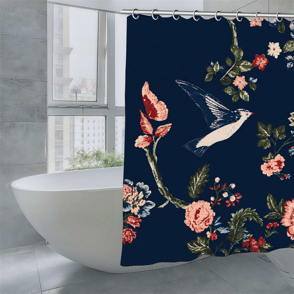Navy blue shower curtain with vintage floral patterns and a flying swallow bird design.