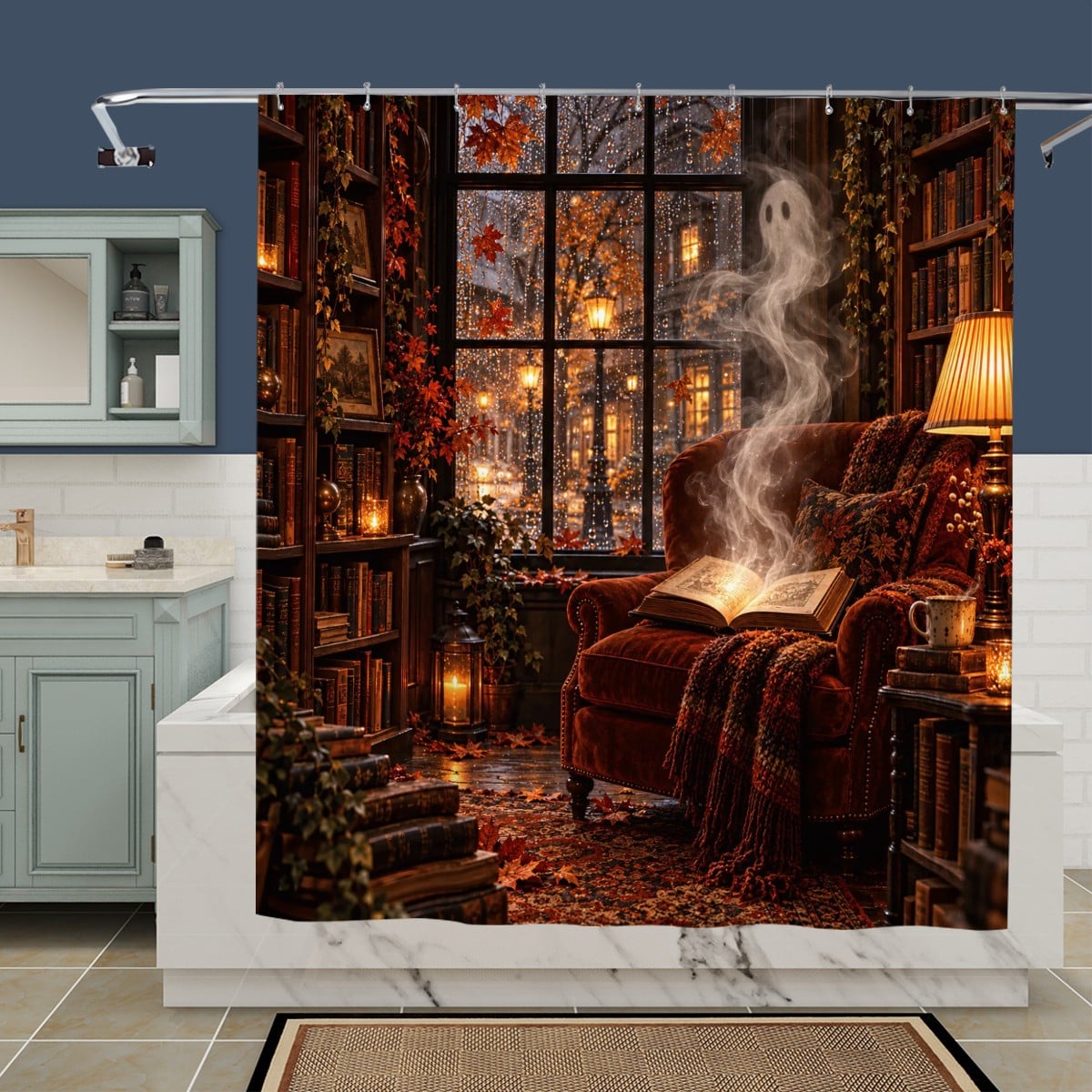 Ghost with Coffee Shower Curtain - 72" x 72" Autumn Doorway Halloween Decor