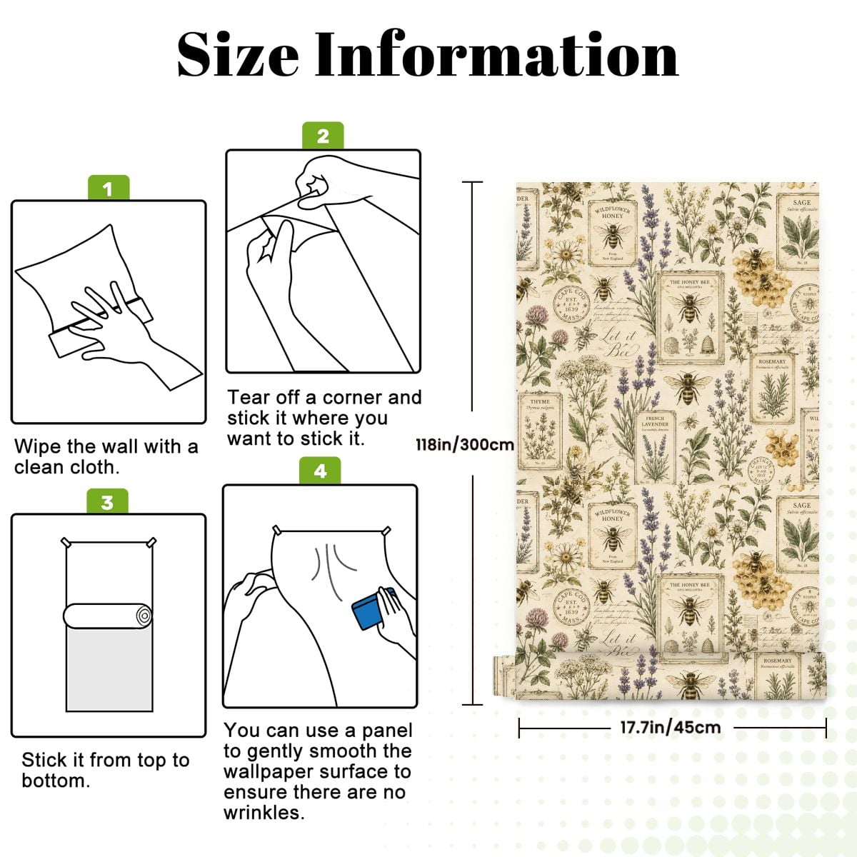 Size information guide for botanical wildflower patterned wallpaper with installation steps.