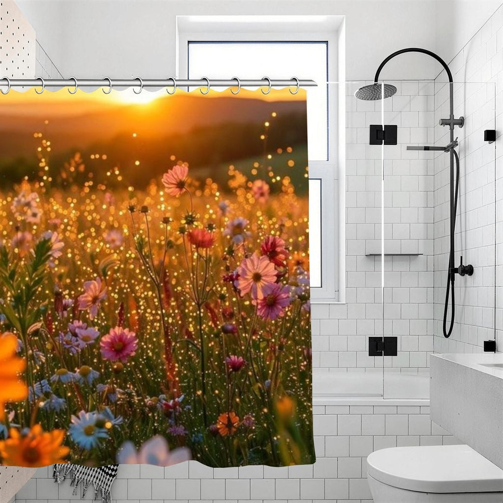 Floral shower curtain featuring a wildflower meadow at sunset in a modern bathroom.