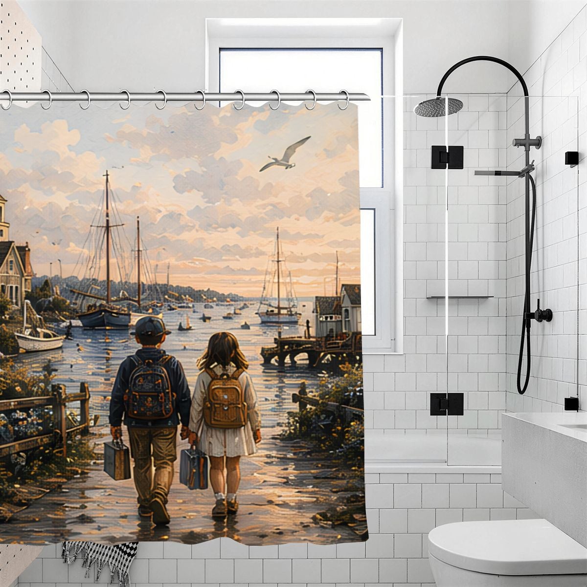 Impressionist style shower curtain featuring two children walking toward a coastal harbor scene.