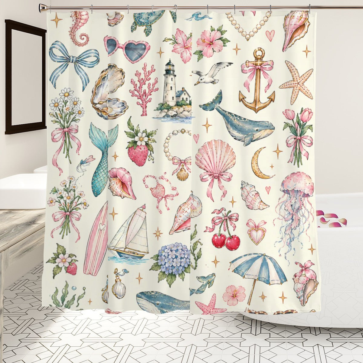 Pastel Seashell Shower Curtain - 72" x 72" Coastal Botanical Illustration