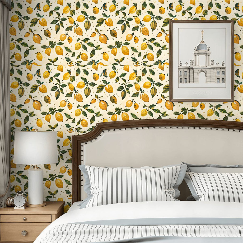 Bedroom featuring lemon print wallpaper, a white upholstered headboard, and a framed art print.