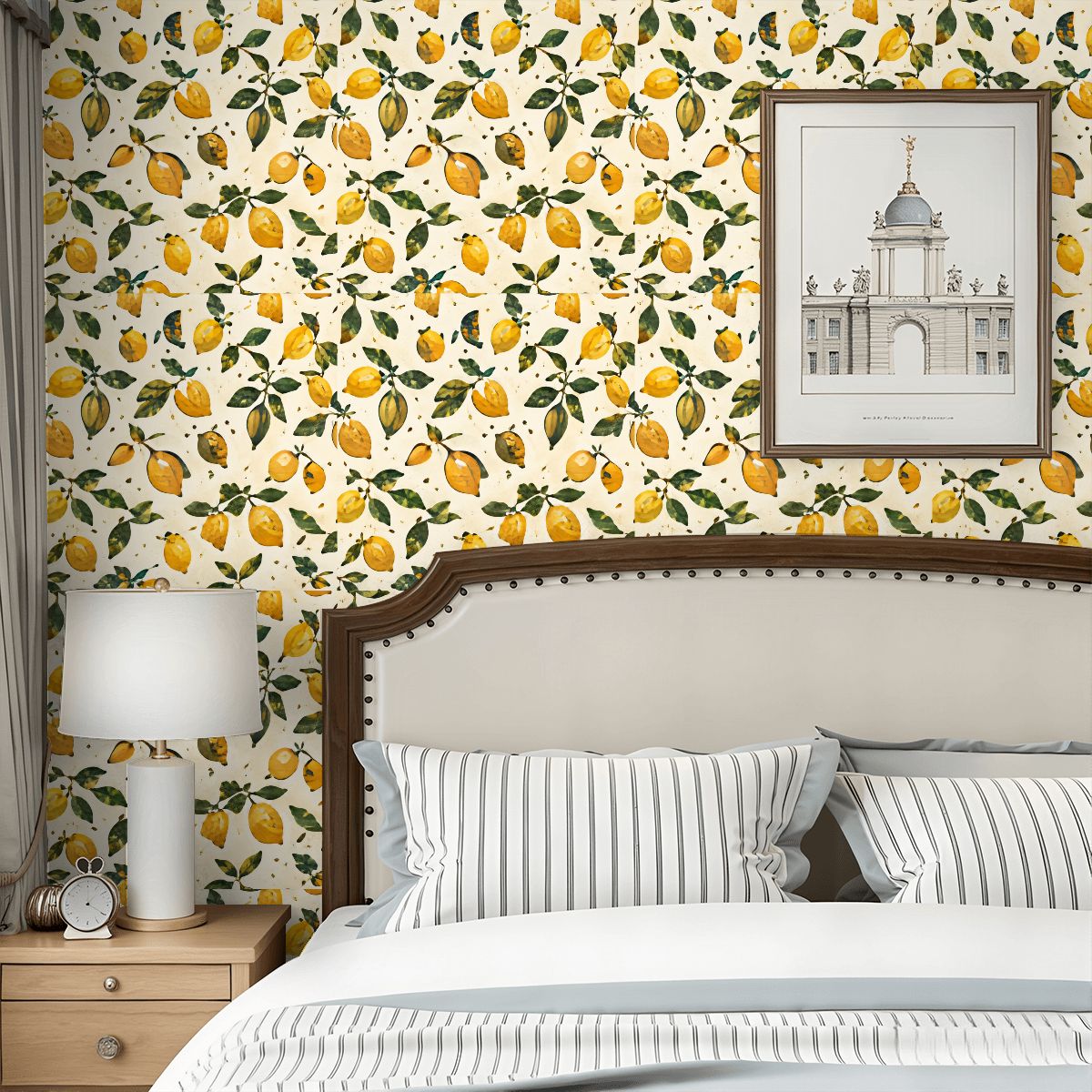Bedroom featuring lemon print wallpaper, a white upholstered headboard, and a framed art print.