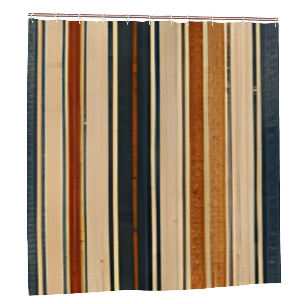 Modern shower curtain with vertical stripes in neutral, tan, and dark blue tones.