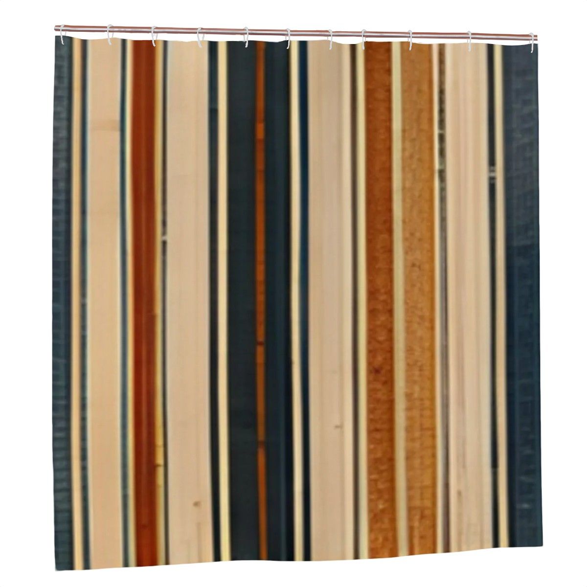 Modern shower curtain with vertical stripes in neutral, tan, and dark blue tones.