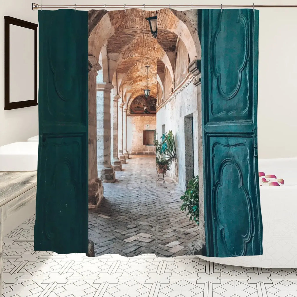 Mediterranean Archway Shower Curtain by Sandy Beach featuring a Mediterranean-inspired design for bathroom decor.
