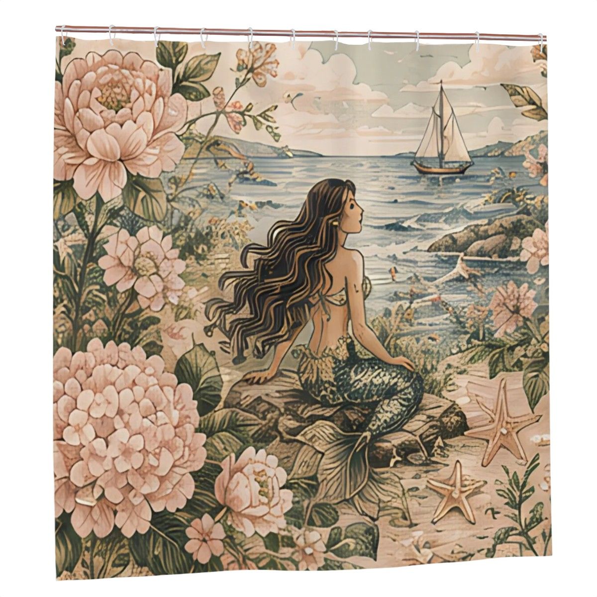 Vintage style mermaid sitting on a rock by the ocean with pink peonies and a sailboat.