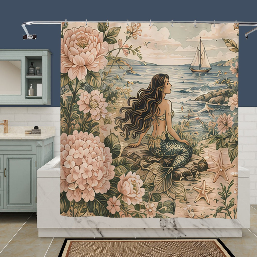 Vintage style mermaid shower curtain with pink peonies and ocean seascape background.