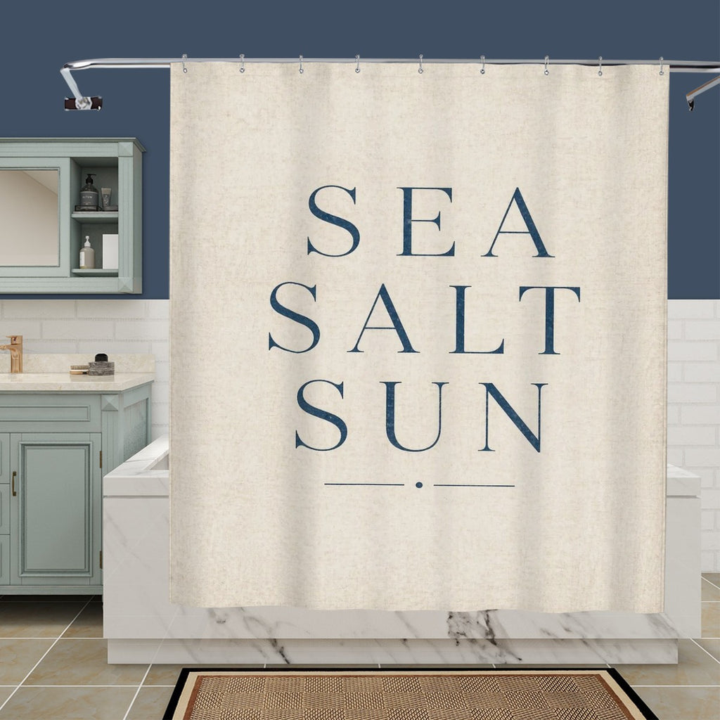 Sandy Beach bathroom decor shower curtain with ocean-inspired design hanging in a modern bathroom setting