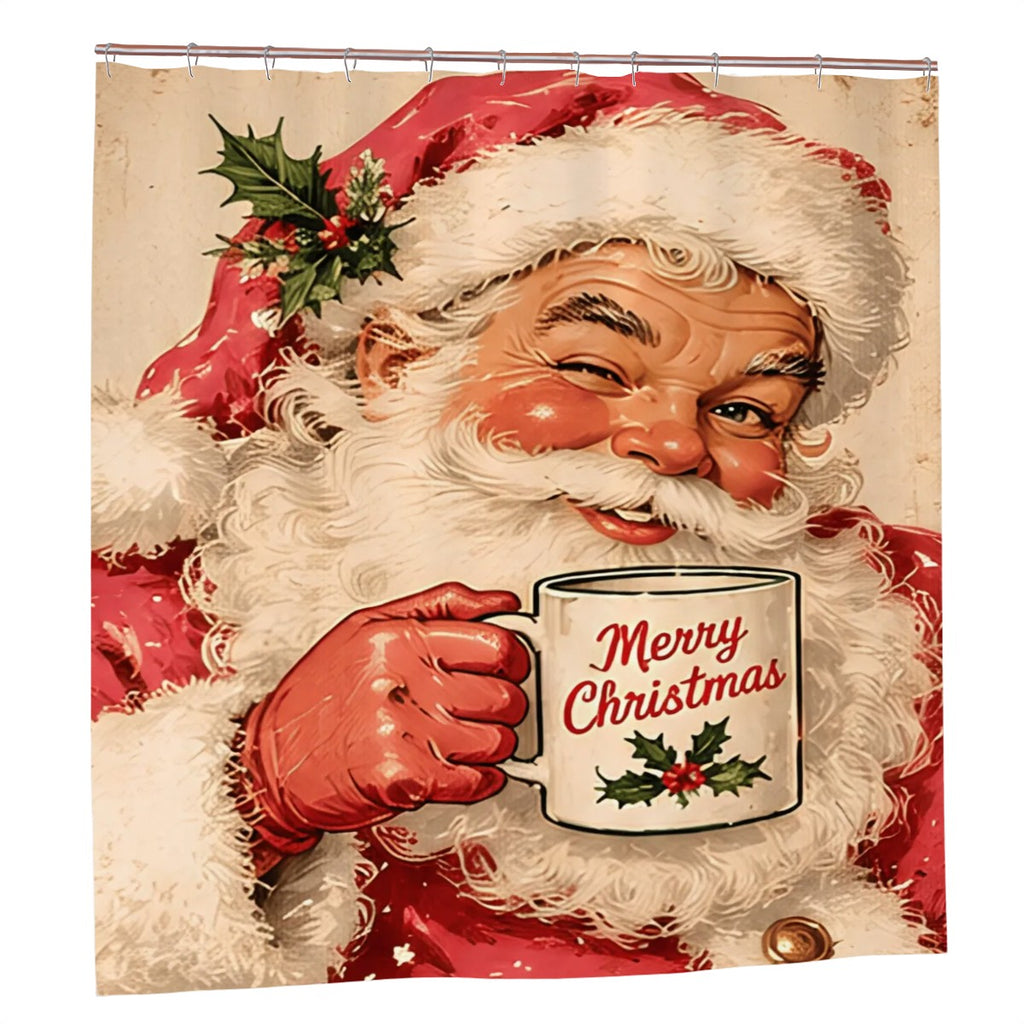 Vintage Santa Christmas Shower Curtain | Merry Christmas Mug Design