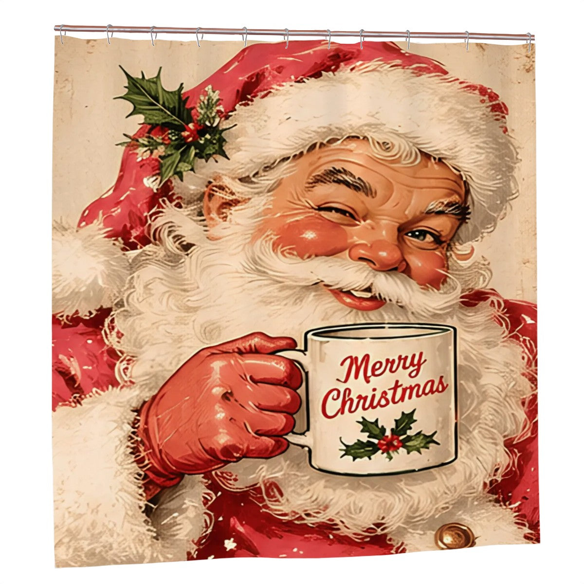 Vintage Santa Christmas Shower Curtain | Merry Christmas Mug Design