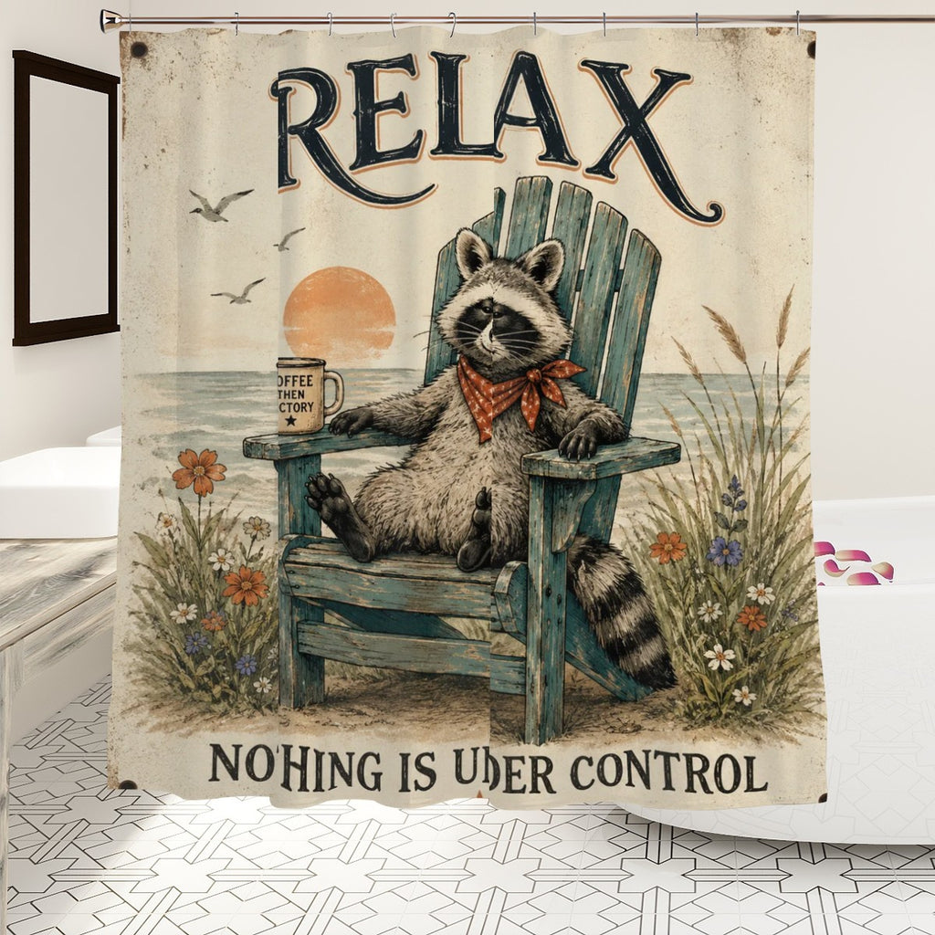 Vintage style shower curtain featuring a raccoon relaxing in an Adirondack chair at the beach.