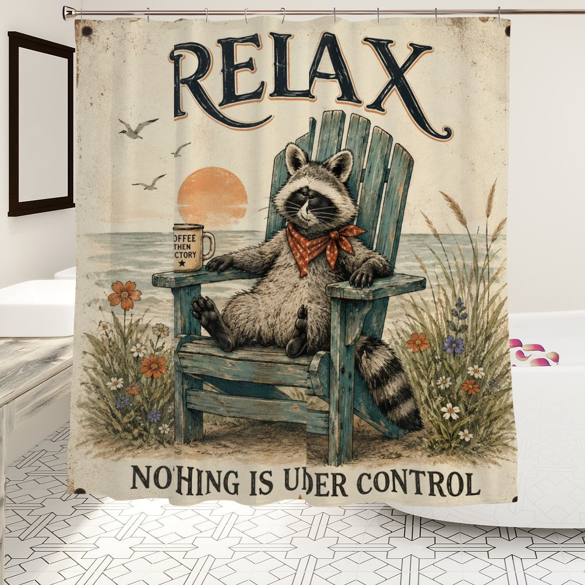 Vintage style shower curtain featuring a raccoon relaxing in an Adirondack chair at the beach.