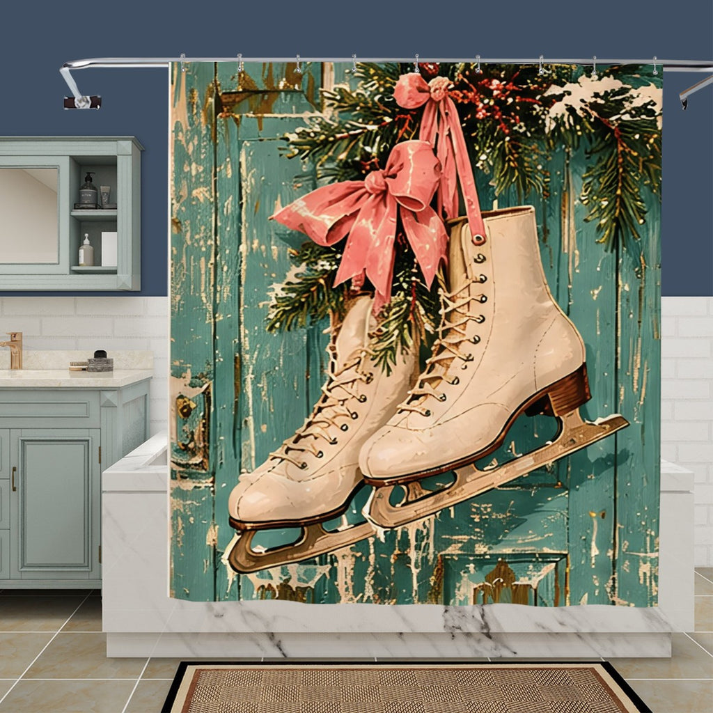 Vintage Ice Skates Christmas Shower Curtain | Pink Bow & Rustic Green Door