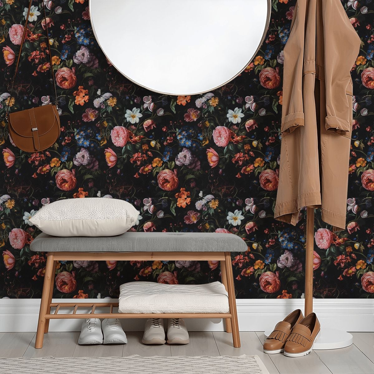 Floral dark botanical wallpaper with a grey bench, white pillow, and tan coat rack.