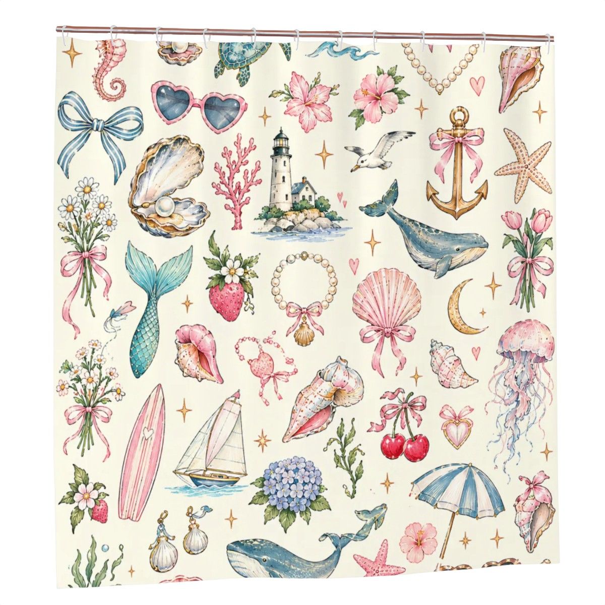 Pastel Seashell Shower Curtain - 72" x 72" Coastal Botanical Illustration