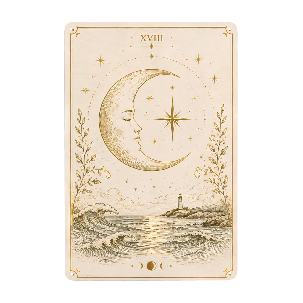Tarot card style illustration of a crescent moon face over ocean waves and a lighthouse.