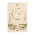 Tarot card style illustration of a crescent moon face over ocean waves and a lighthouse.