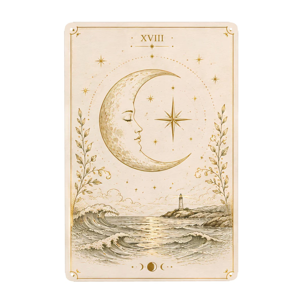 Tarot card style illustration of a crescent moon face over ocean waves and a lighthouse.