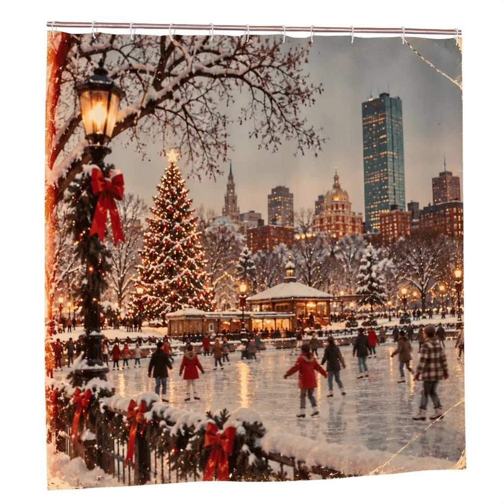 Boston Frog Pond Christmas Shower Curtain | Winter Ice Skating Scene
