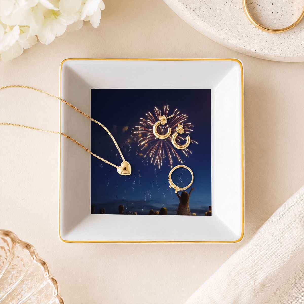 Gold Trim Jewelry Dish Fireworks