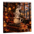 Coffee Ghost Shower Curtain - 72" x 72" Cute Halloween Open Door Print